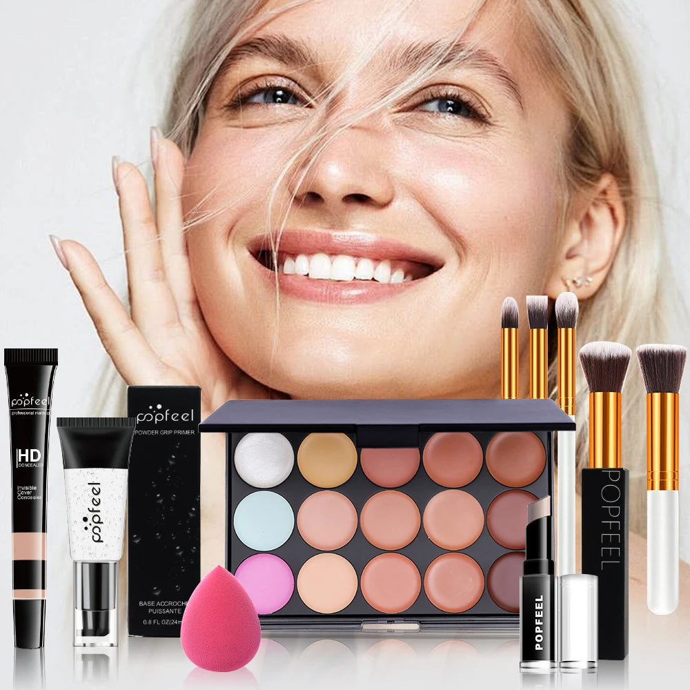 POPFEEL 10-Piece Face Makeup Set - Beginner-Friendly Foundation, Concealer & Brush Combo - Complete Face Makeup Kit for Flawless